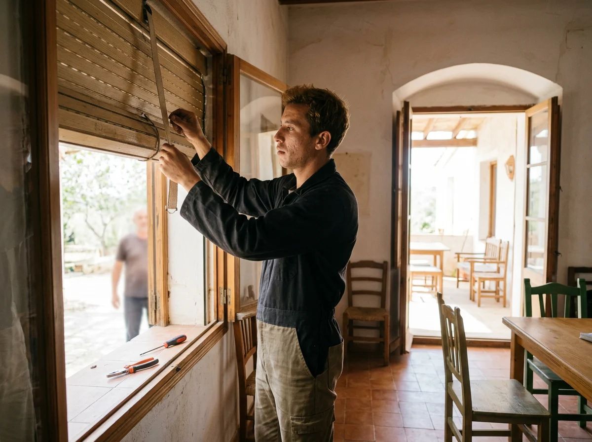 Reparación de persianas en Bolulla: técnico cambiando la cinta de una persiana