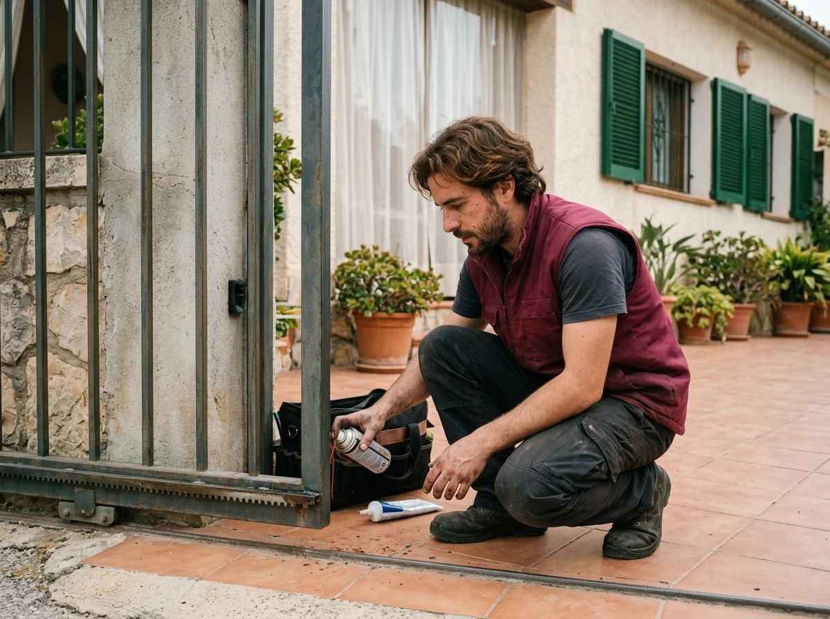 Automatismos de puertas en Castell de Castells: técnico engrasando la cremallera de una puerta corredera