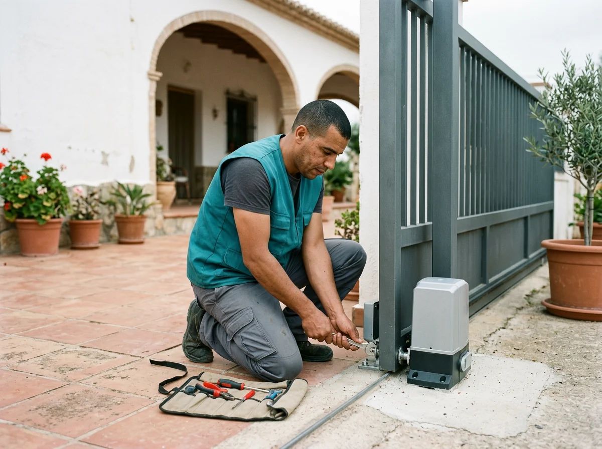 Automatismos de puertas en La Nucia: técnico instalando un motor de puerta corredera