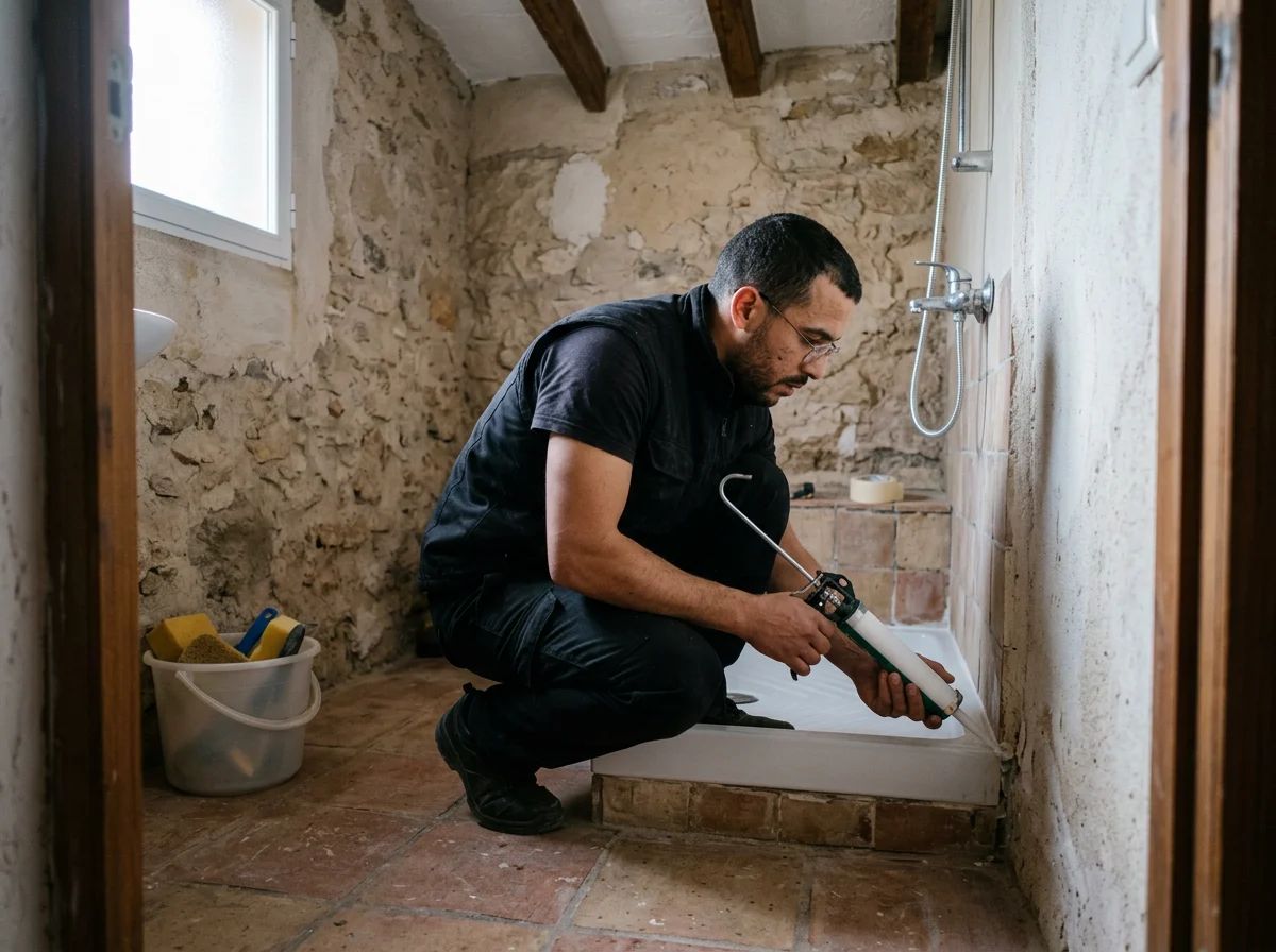 Fontaneros en Benimarfull: técnico sellando un plato de ducha