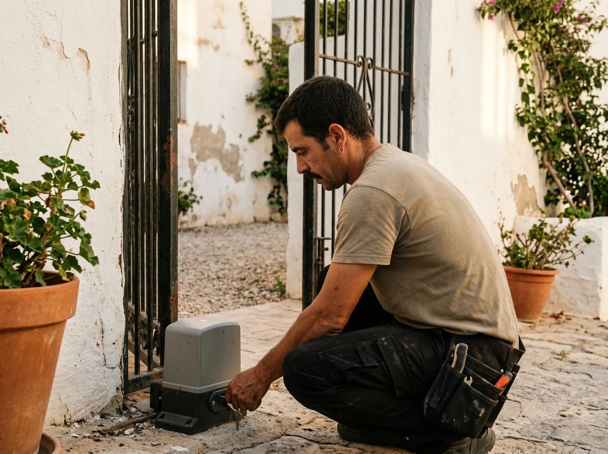 Automatismos de puertas en Calp: técnico probando el desbloqueo manual de un motor