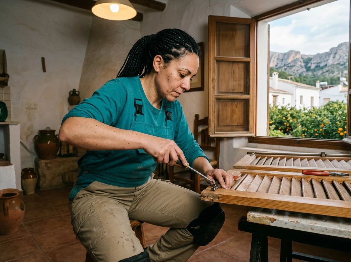 Reparación de persianas en Polop: técnico reparando una persiana de madera