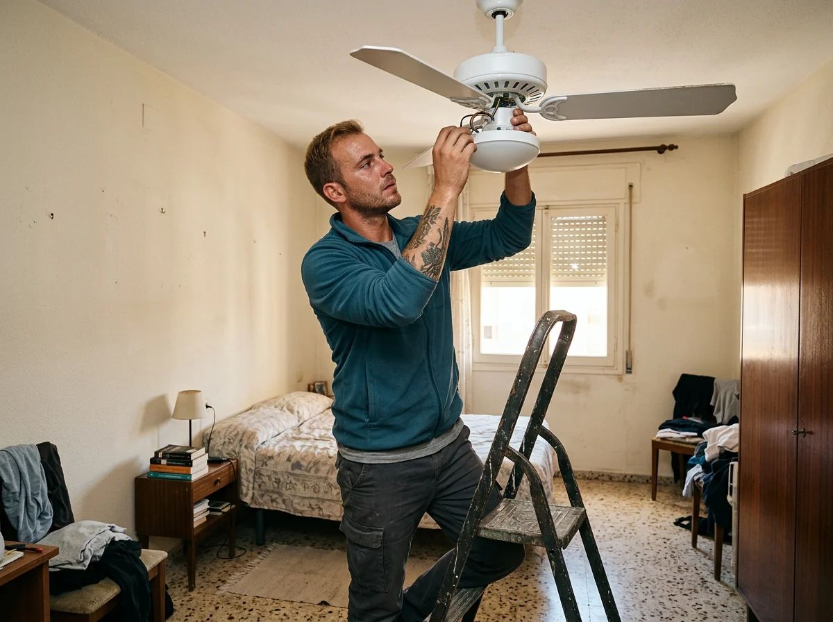 Electricistas en Biar: técnico instalando un ventilador de techo