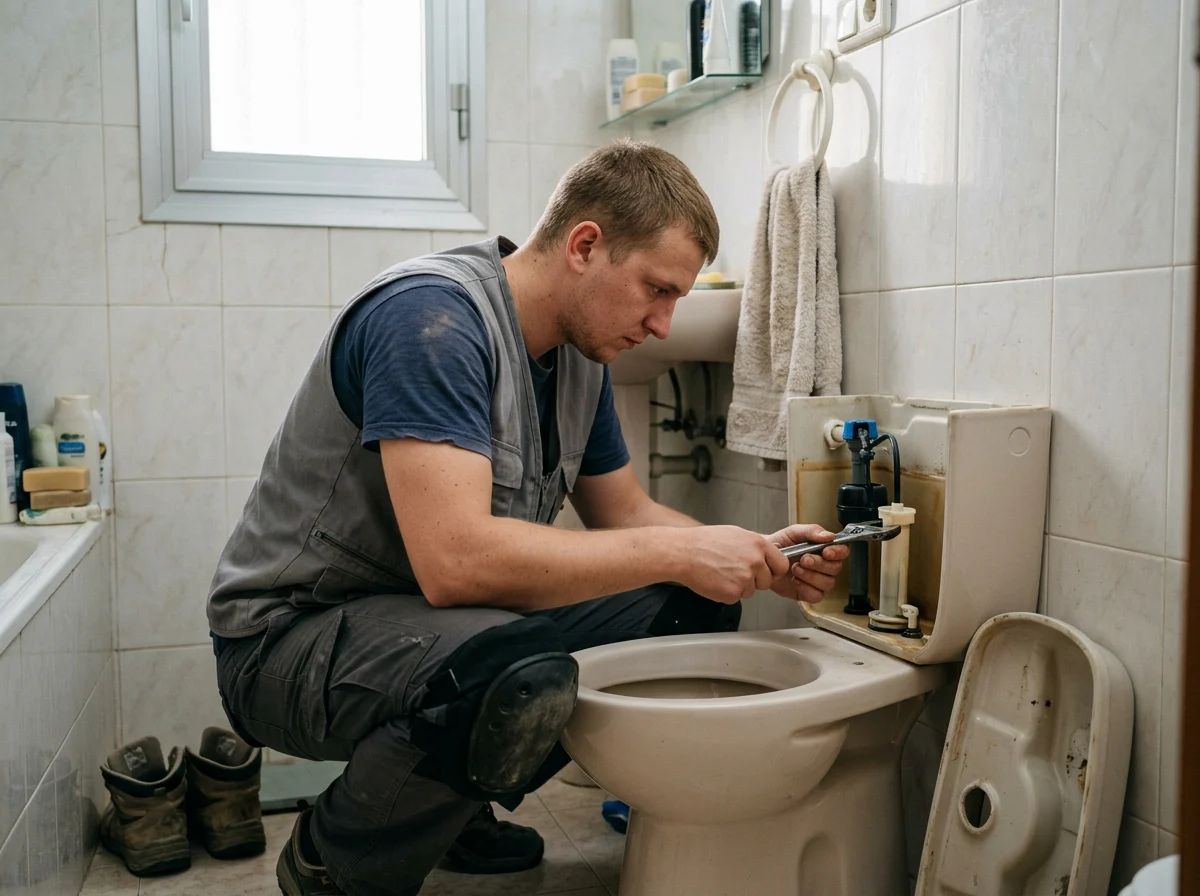 Fontaneros en Banyeres de Mariola: técnico reparando la cisterna del inodoro