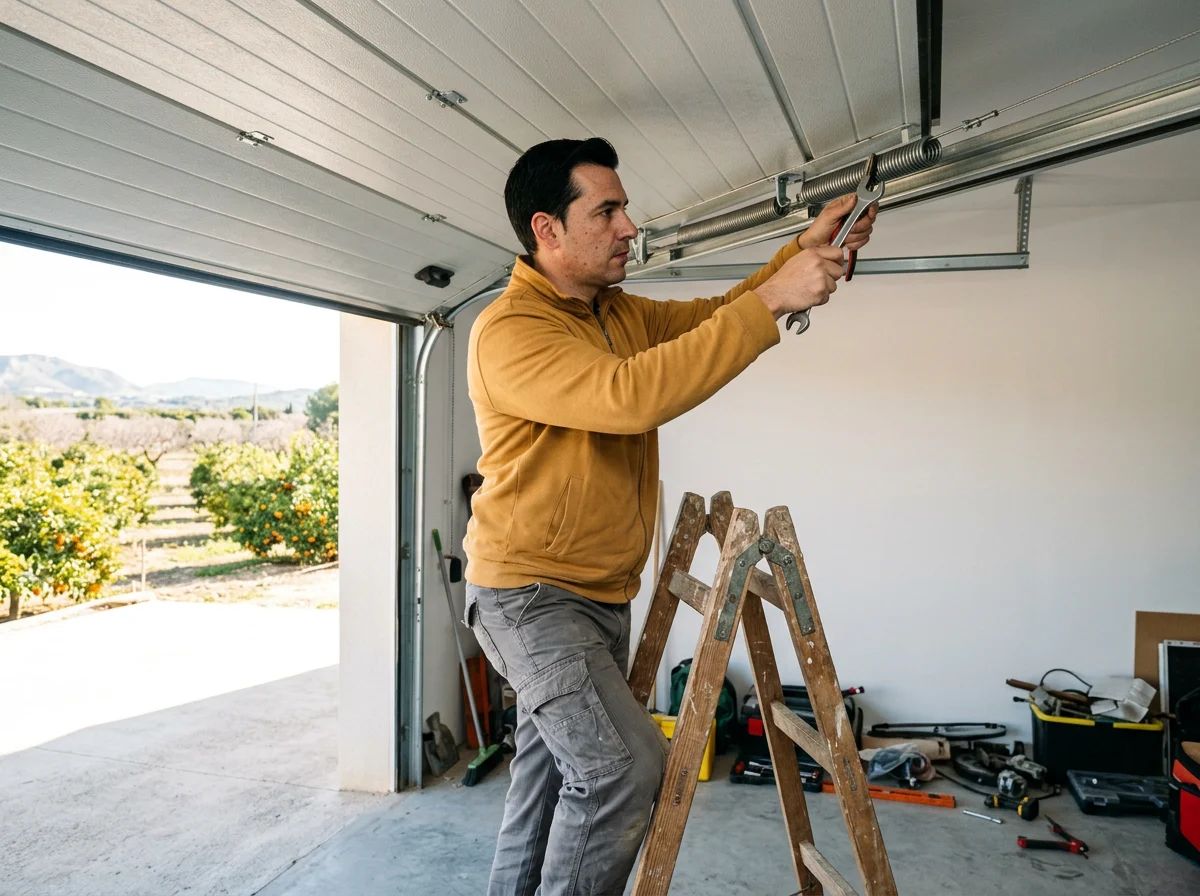 Puertas de garaje en Tàrbena: técnico ajustando los muelles de una puerta seccional