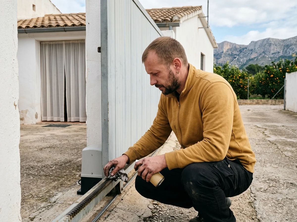 Automatismos de puertas en Jalón: técnico engrasando la cremallera de una puerta corredera