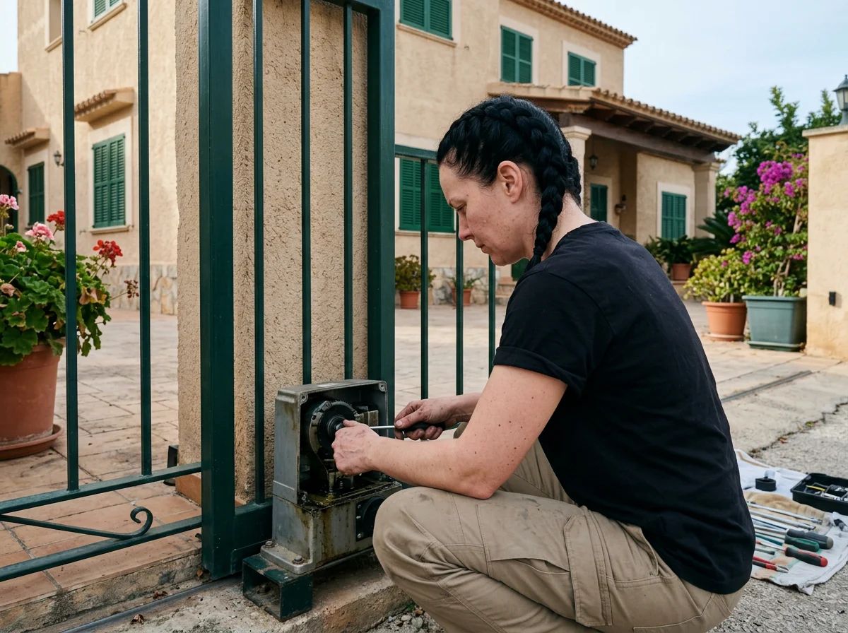 Automatismos de puertas en Orxeta: técnico revisando el motor de una puerta corredera