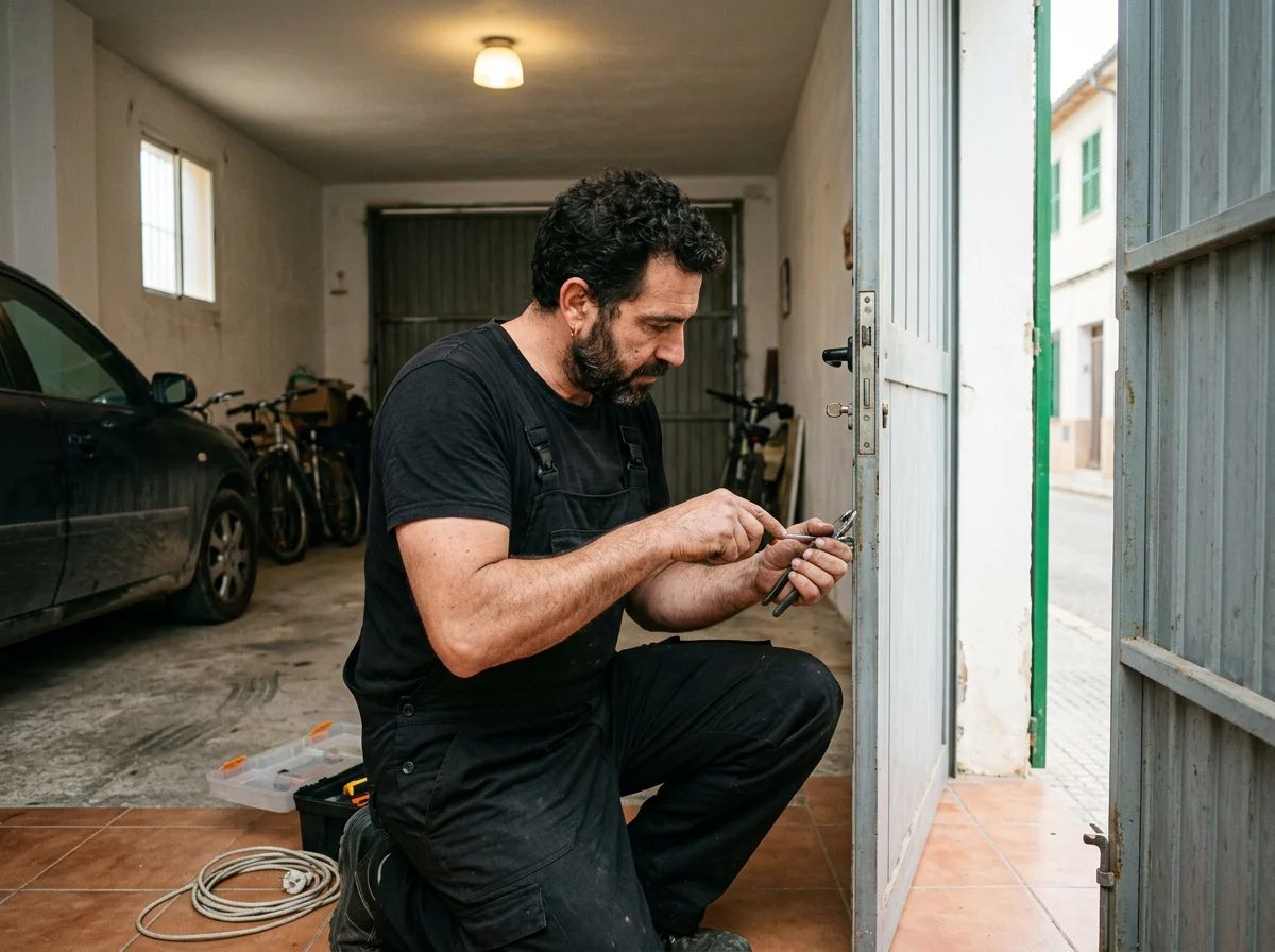Puertas de garaje en Benidoleig: técnico reparando la puerta peatonal de un garaje