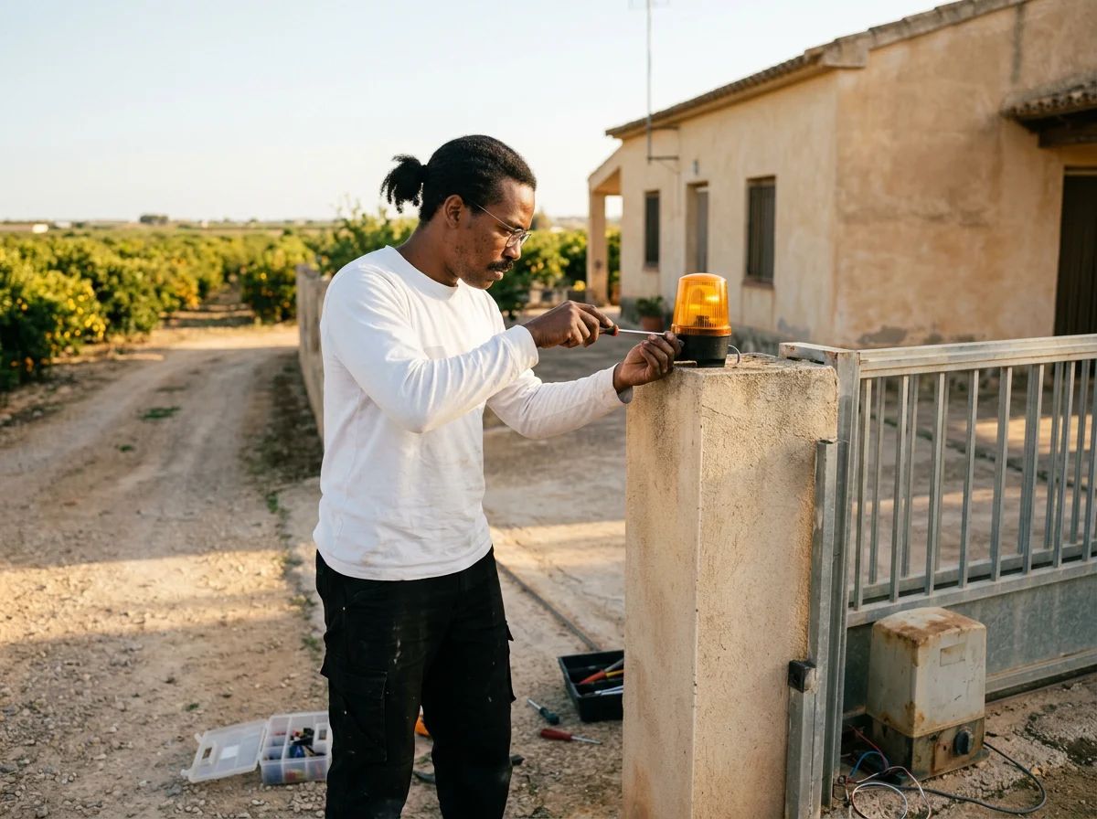 Automatismos de puertas en Granja de Rocamora: técnico instalando la luz de aviso de una puerta automática