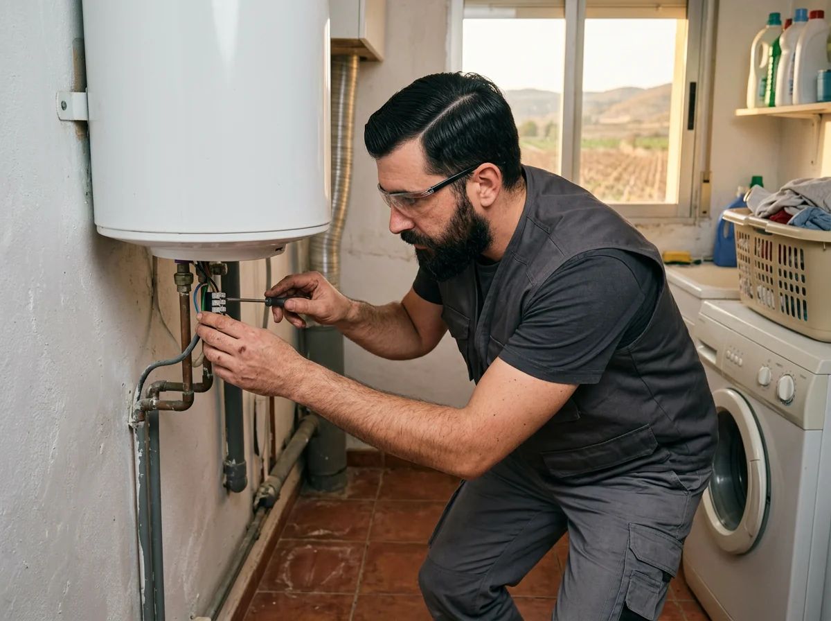 Fontaneros en La Romana: técnico revisando las conexiones de un termo