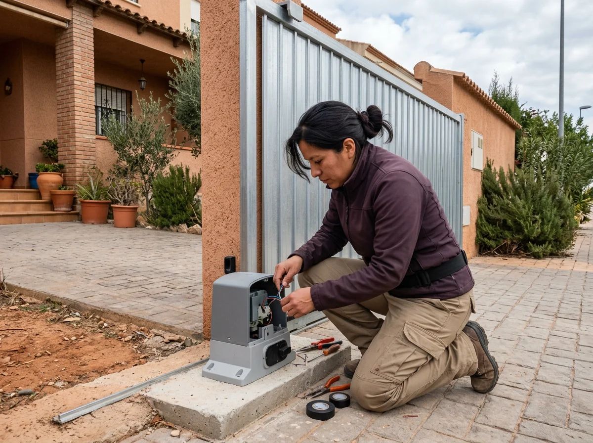 Automatismos de puertas en Novelda: técnico instalando un motor de puerta corredera