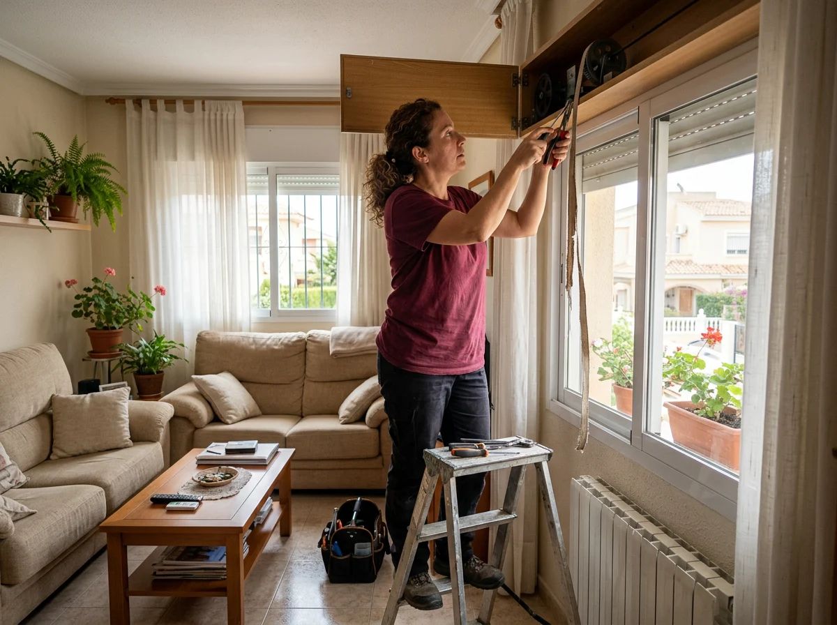 Técnica de Reparaflash arreglando la cinta de una persiana en el salón de una vivienda
