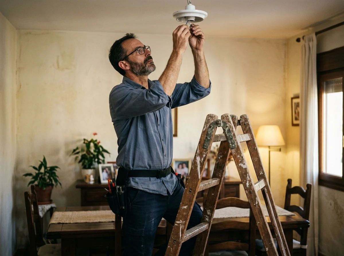 Electricista instalando una lámpara en el techo de un comedor