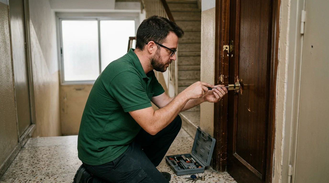 Cerrajero cambiando el bombín de la puerta de un piso