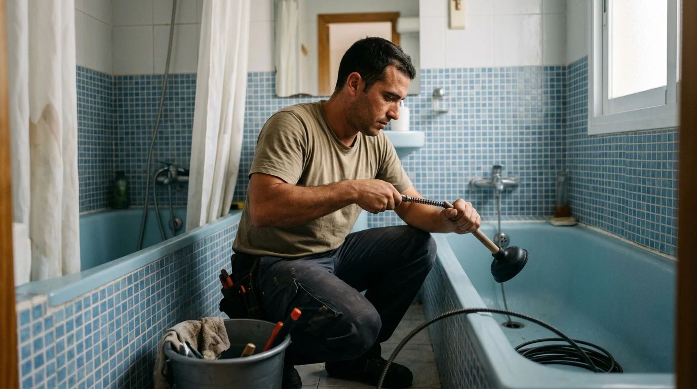 Técnico desatascando el desagüe de una bañera