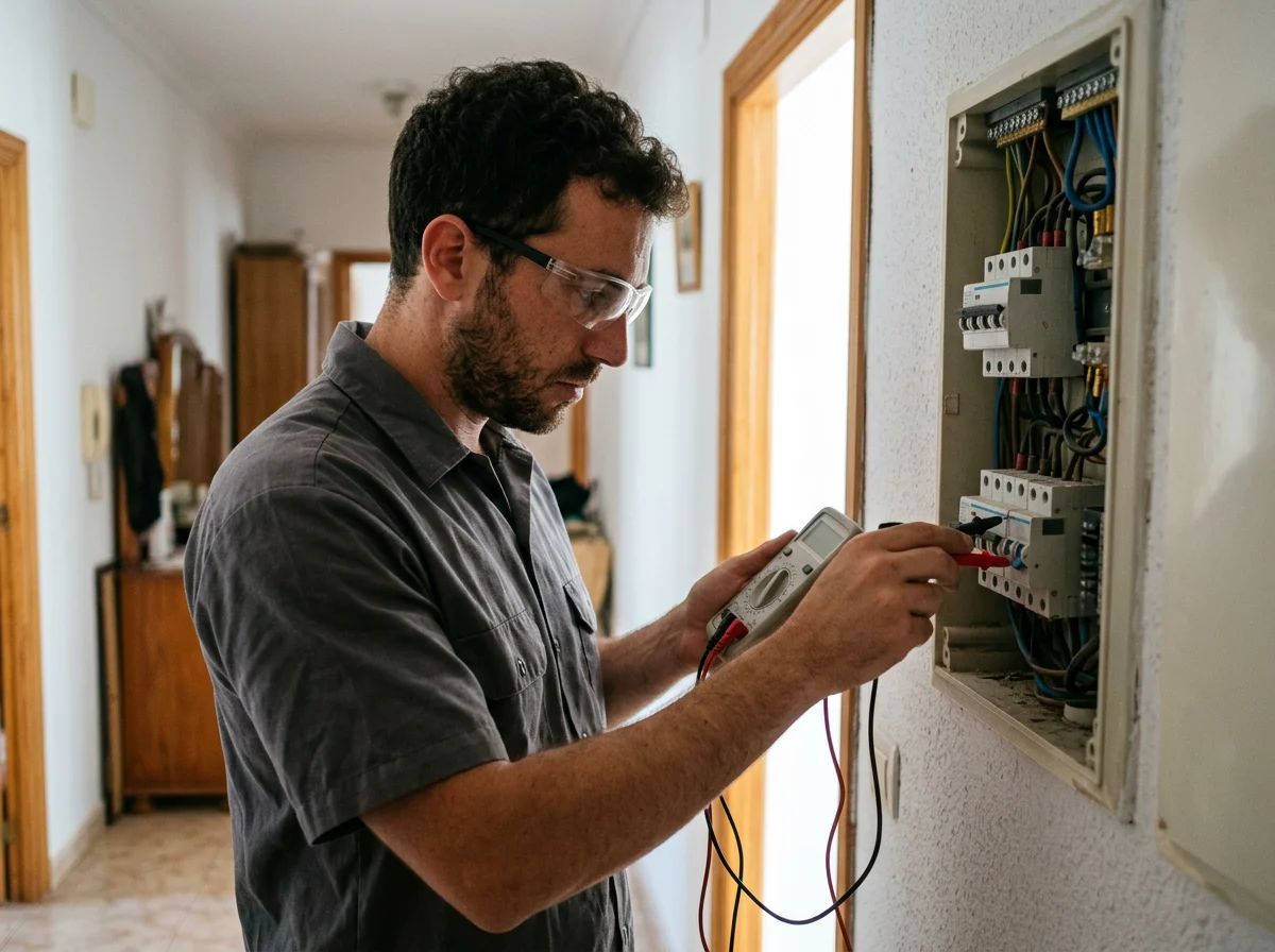 Electricista comprobando el cuadro eléctrico de una vivienda con un medidor