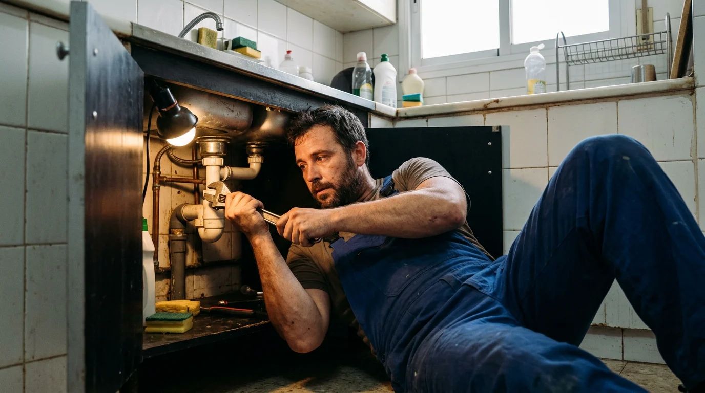 Fontanero reparando la tubería bajo el fregadero de una cocina